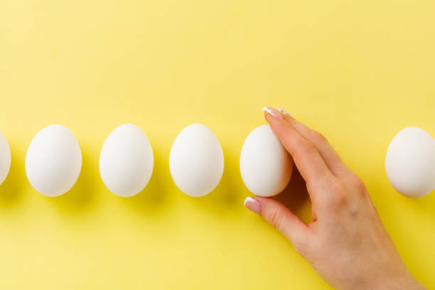 istock White raw chicken eggs lying on yellow light background and female hand holds broken egg. Top view. 1190361954