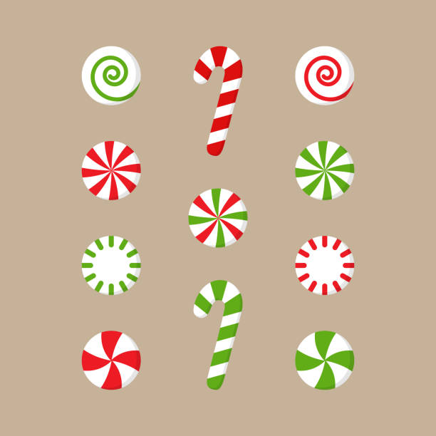 Xmas peppermint candy set Christmas peppermint candy vector illustration collection. Round red or green and white xmas, holiday candy with swirls and candy cane lollipops. Isolated on beige background. peppermint stock illustrations