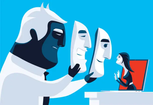 Vector illustration of woman rejecting evil man with masks while video chatting