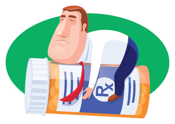 sick businessman holding pill bottle vector illustration of sick businessman holding pill bottle hospital humor cartoon stock illustrations