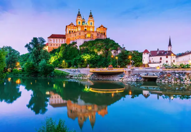 Melk, Austria. Benedictine abbey in Wachau valley at twilight.