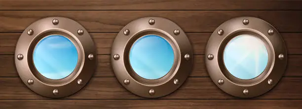 Vector illustration of Ship portholes on wooden wall with sky view