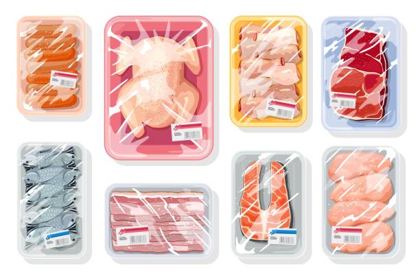 Big vector set with meat, poultry, seafood on plastic trays covered with kitchen saran film Big vector set with meat, poultry, seafood on plastic trays covered with polyethylene kitchen saran film. Vacuum packaging for storage, transportation of chicken, crawfish, beef steak, sausages. meat cartoon stock illustrations