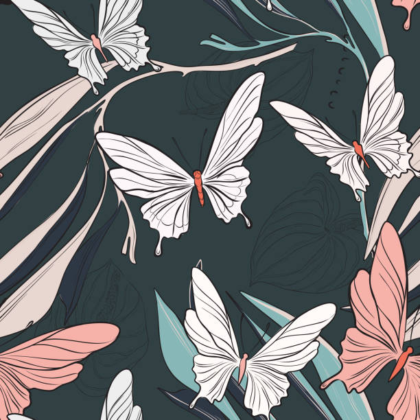 illustrazioni stock, clip art, cartoni animati e icone di tendenza di motivo a farfalla a ripetizione geometrica su carta da parati scura. machaon primaverile e sfondo piante. arte della natura degli insetti di superficie senza soluzione di continuità - caterpillar white isolated white background