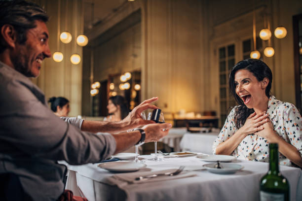 istock Man proposing a woman in restaurant 1190367429