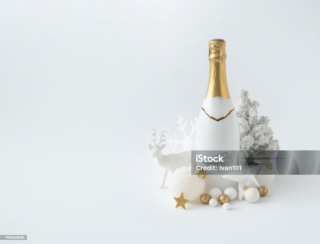 Christmas Or New Year Party Layout With White Champagne Bottle And