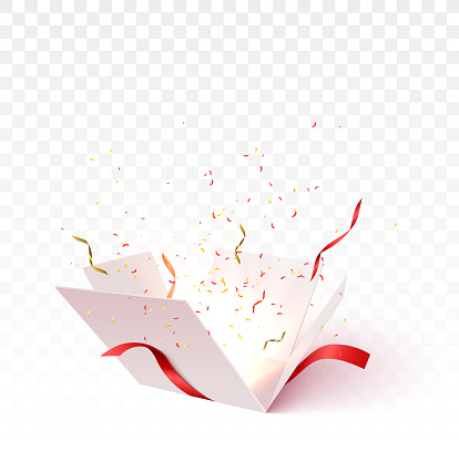 Open Gift Box With Confetti Burst Explosion Isolated Stock Illustration ...
