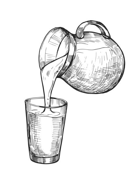 illustrations, cliparts, dessins animés et icônes de l'eau, le lait ou le jus sont versés d'une cruche dans un verre. illustration dessinée à la main convertie en vecteur - pouring jug water liquid