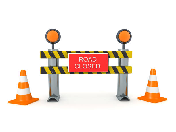 istock 3D Road block with road closed sign and trafick cones 1190372056