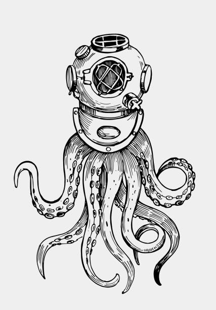 Octopus tentacles in retro diving suit. Illustration for print. Outline with transparent background. Hand drawn illustration converted to vector Octopus tentacles in retro diving suit. Illustration for print. Outline with transparent background. Hand drawn illustration converted to vector animals tattoos stock illustrations