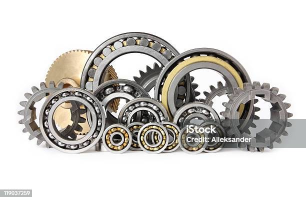 Gears And Bearings On White Background Stock Photo - Download Image Now - Ball Bearing, Conveyor Belt, Group Of Objects