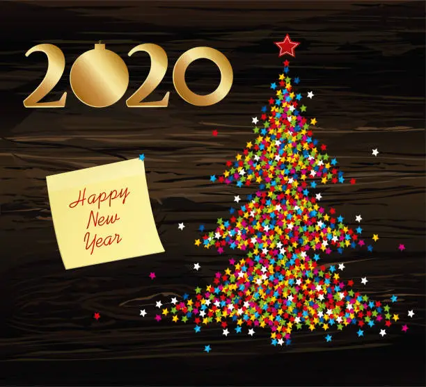 Vector illustration of Christmas tree of confetti with figures 2020 golden of paper. New Year, Christmas, winter theme. Vector. Yellow sheet of paper for notes. Sticker. Greeting on holiday on a wooden background
