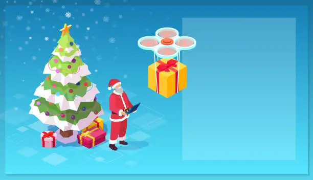 Vector illustration of Vector of a modern santa claus controlling a drone with gift boxe delivering a present