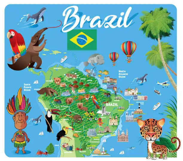 Vector illustration of Brazil Tavel Map, Sao Paulo, Rio de Janeiro, Salvador, Fortaleza, Belo Horizonte, Brasilia, Curitiba, Manaus, Recife, Belem, Porto Alegre, Goiania, Guarulhos, Campinas, Nova Iguacu, Maceio, Sao Luis , Duque de Caxias, Natal, Teresina, Sao Bernardo do Camp