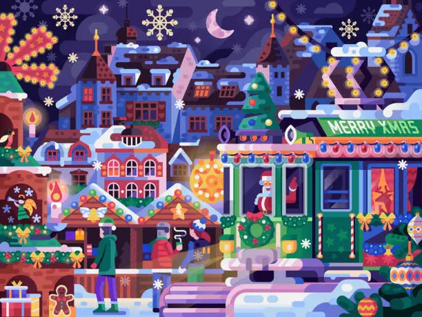 Vector illustration of Christmas Festival with Holiday Tram and Basel Market