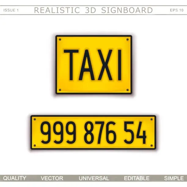 Vector illustration of Taxi. Stylized car license plate. Top view. Vector design