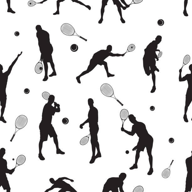 ilustrações, clipart, desenhos animados e ícones de teste padrão sem emenda do tênis com silhuetas pretas do jogador de tênis, ilustração do vetor - squash tennis