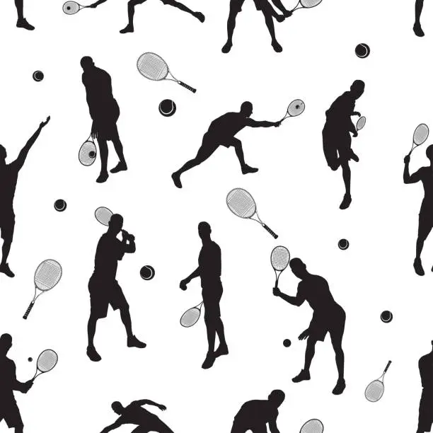 Vector illustration of Tennis seamless pattern with tennis player black silhouettes, vector illustration