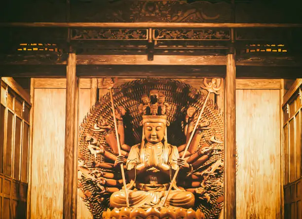 Photo of Golden Wood Statue of Guan Yin with thousand hands