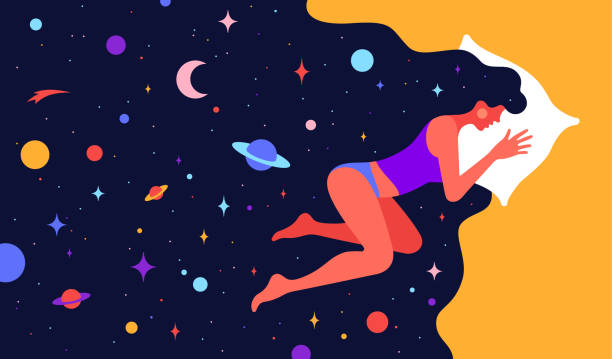 illustrations, cliparts, dessins animés et icônes de caractère plat moderne. femme dormant dans le lit avec l'univers - ad space illustrations