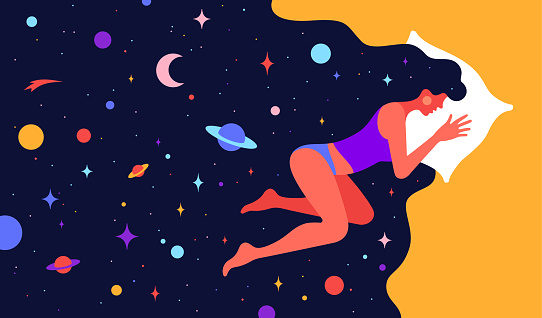 Modern flat character. Woman with dream universe. Simple character of woman sleeping in bed with universe starry night in hair. Woman character in dream. Concept in flat graphic. Vector Illustration