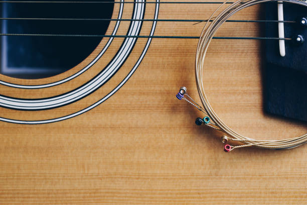 Guitar strings. High detail macro photograph of acoustic guitar strings. Stringed instruments as for music concept.