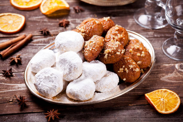 Fancy Platter With Homemade Greek Kourabiedes And Melomakarona stock photo