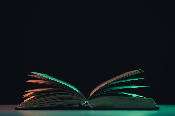 istock Beautiful open old book in the color light on a table and night background. 1190405048