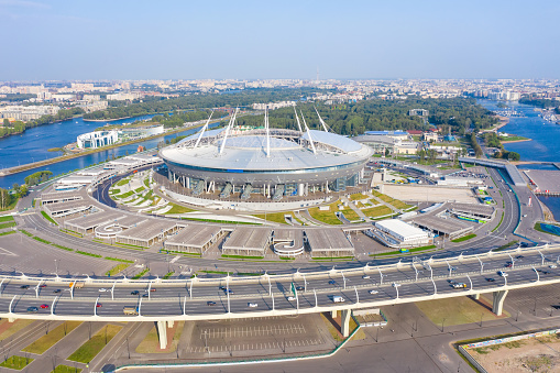 Panoramic wide aerial view from a height at the Gazprom Arena stadium. Russia, Saint-Petersburg, 10 september 2019
