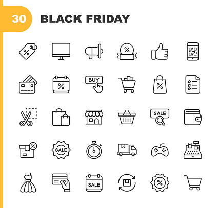 30 Black Friday and Shopping Outline Icons.