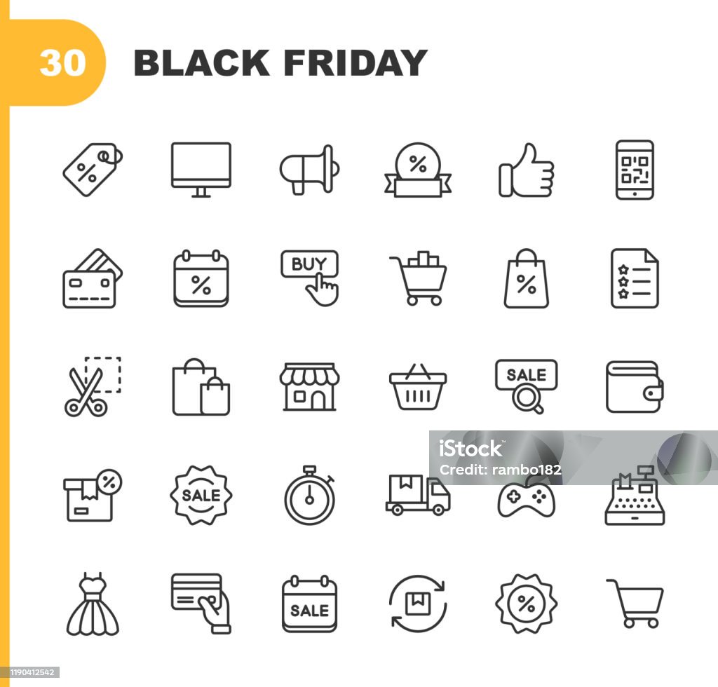 Black Friday and Shopping Icons. Editable Stroke. Pixel Perfect. For Mobile and Web. Contains such icons as Black Friday, E-Commerce, Shopping, Store, Sale, Credit Card, Deal, Free Delivery, Discount. 30 Black Friday and Shopping Outline Icons. Icon stock vector