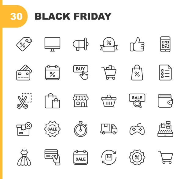 Black Friday and Shopping Icons. Editable Stroke. Pixel Perfect. For Mobile and Web. Contains such icons as Black Friday, E-Commerce, Shopping, Store, Sale, Credit Card, Deal, Free Delivery, Discount. 30 Black Friday and Shopping Outline Icons. digital price stock illustrations
