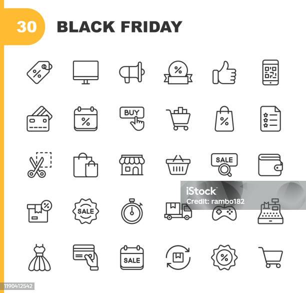 Black Friday And Shopping Icons Editable Stroke Pixel Perfect For Mobile And Web Contains Such Icons As Black Friday Ecommerce Shopping Store Sale Credit Card Deal Free Delivery Discount Stock Illustration - Download Image Now
