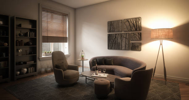 elegante soggiorno - blinds apartment living room contemporary foto e immagini stock