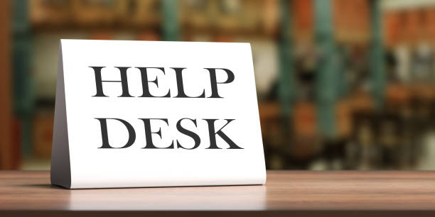 Help desk concept. Table tent Help desk text on wood desk table, copy space, 3d illustration