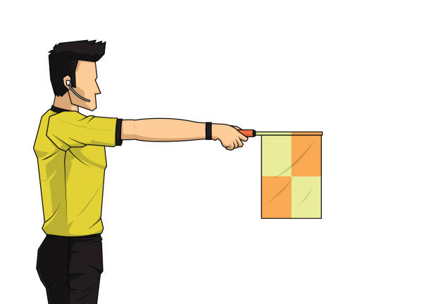 soccer linesman referee wave the flag to point an offside. soccer linesman referee wave the flag to point an offside. football cartoon concept vector illustration. offside stock illustrations