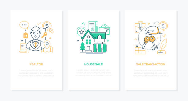 Real estate services - line design style banners set Real estate services - line design style banners set. Real Estate Agent, male agent, house sale and transaction ideas thin line illustrations with place for your text. Property operations, key transfer real estate agent illustrations stock illustrations