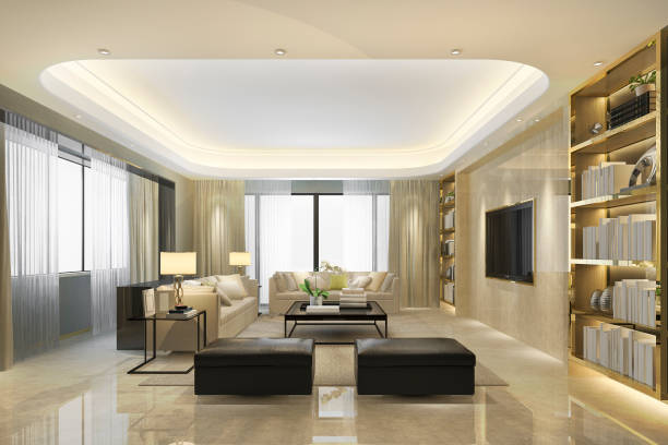 istock 3d rendering loft luxury living room with pouf and bookshelf 1190416181