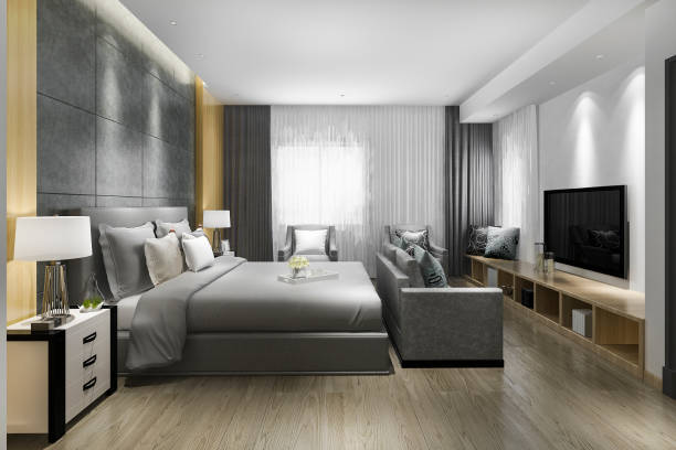 istock 3d rendering beautiful luxury bedroom suite in hotel with tv 1190416193