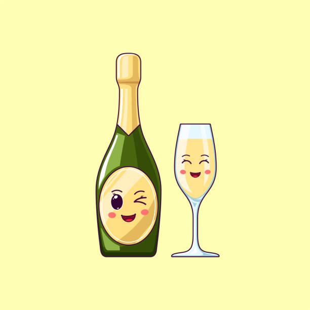 ilustrações, clipart, desenhos animados e ícones de cartoon kawaii champagne com o rosto piscando. frasco bonito de champagne com wineglass - champagne flute wine isolated wineglass