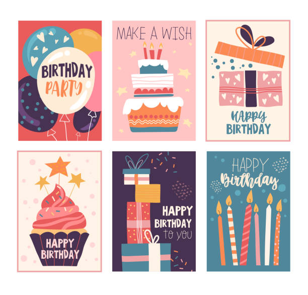 ilustraciones, imágenes clip art, dibujos animados e iconos de stock de tarjeta de felicitación de cumpleaños feliz y conjunto de invitaciones - tarjeta de felicitación ilustraciones
