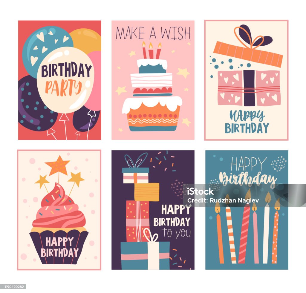 Happy Birthday Greeting Card And Invitation Set Stock Illustration ...