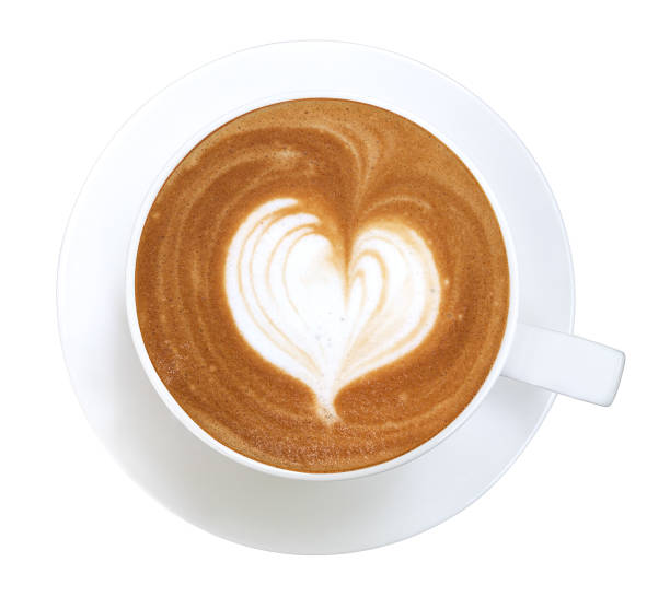istock Hot coffee cappuccino latte art heart shape in ceramic cup top view isolated on white background, clipping path included 1190420844