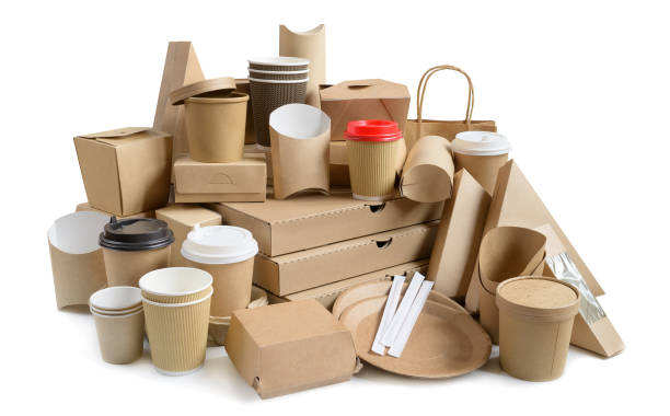 白で隔離された環境に優しいファーストフード容器。 - coffee take out food cup paper ストックフォトと画像