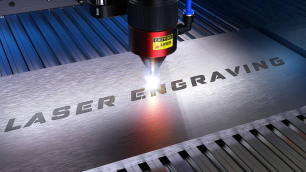 Laser cutting Metal machining with sparks on CNC laser engraving maching. 3D rendering engraving stock pictures, royalty-free photos & images