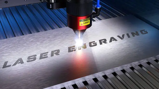 Metal machining with sparks on CNC laser engraving maching. 3D rendering