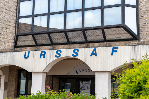 Calais, France - May 07, 2019 : Urssaf logo on building, office government agency collect social contributions