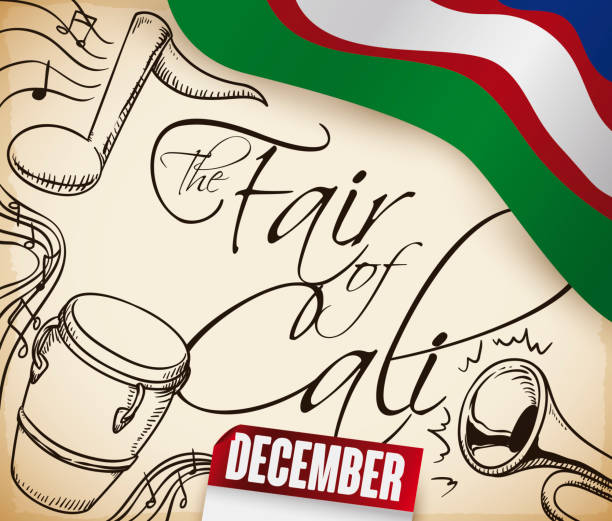 Scroll with Music Instruments Draw and Flag for Cali Fair Fair of Cali design with flag of this city, reminder calendar and scroll with traditional salsa instruments drawn: music notes, conga and trumpet. valle del cauca stock illustrations
