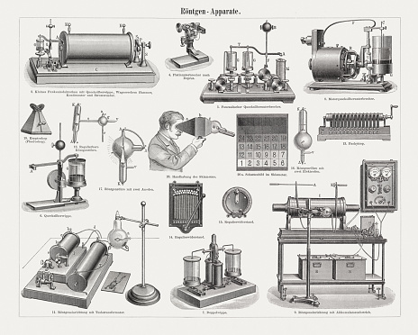 Early x-ray equipment. On 8 November 1895, Wilhelm Conrad Röntgen (German mechanical engineer and physicist) produced and detected electromagnetic radiation in a wavelength range known as X-rays or Röntgen rays, an achievement that earned him the first Nobel Prize in Physics in 1901. Wood engravings, published in 1899.