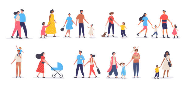 Bundle of walking families Bundle of walking families. Collection of mothers, fathers and children spending time together. Set of strolling parents and kids isolated on white background. Flat vector illustration family outdoors stock illustrations